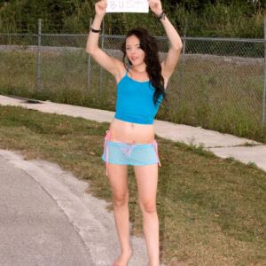 Black-haired teener Lizzy James gets banged after being picked up while hitchhiking